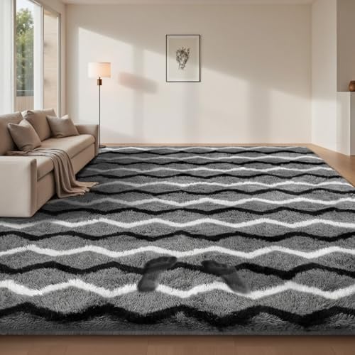 Sour Lemon Teppiche Wohnzimmer 160x230 cm Dunkelgrau und Schwarz Weiß Gestreifter Teppiche Waschbar Anti-Rutsch Hochflor Teppich Extra Große Flauschig Moderne Weich Teppich Schlafzimmer Kinderzimmer