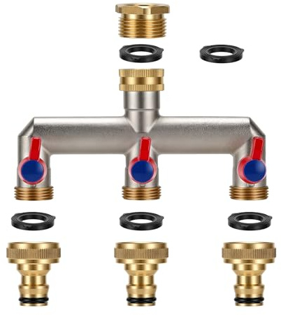 3/4BSP 3-Wege Wasserhahn Wasserverteiler aus Messing, Schlauch Hahn Teiler Anschluss mit 3 einzelnen Ventilen Ein/Aus und drei Schnellanschlüssen für das Wassersystem für Garten und Küchenwasserhähne