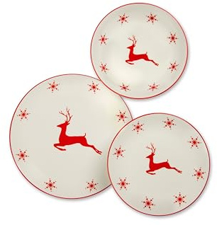 Excelsa Nordic Christmas Ensemble de vaisselle en porcelaine avec motif de Noël, 18 pièces, rennes et flocons de neige rouges, lavable au lave-vaisselle