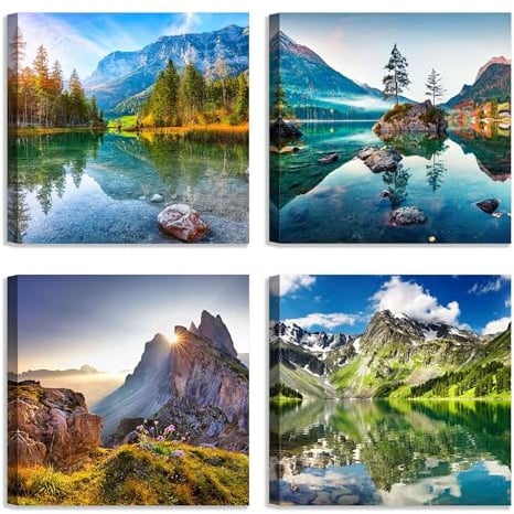 Set di 4 quadri 30x30 cm - stampa su tela con telaio in legno – Paesaggi di montagna con laghi e natura: panorami alpini e riflessi sull'acqua