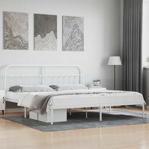 YuuSsea Bettgestell mit Kopfteil, Metall Weiß, 200x200 cm, Robustes Doppelbett, pulverbeschichteter Stahl, erhöhter Stauraum, ideal für Schlafzimmer