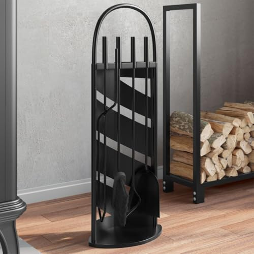 LoogCape 5 Piece Heavy Duty Steel Fireplace Tool Set with Stand, Poker, Tongs, Broom and Shovel for Safe and Easy Fireplace Cleaning, Suitable for Wood and Pellet Stoves Space Saving