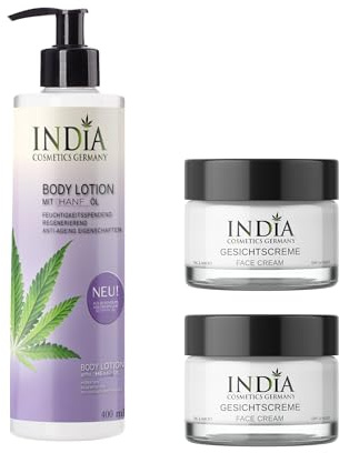 Face & Body Pflegeset mit Hanfsamenöl – 2 Gesichtscremes und 1 Bodylotion für geschmeidige Haut von INDIA COSMETICS GERMANY, pflegend & ohne Parabene. Weiche und elastische Haut.