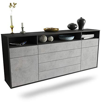 Dekati Sideboard Bellevue hängend (180x77x35cm) Korpus anthrazit matt - Front Beton Optik - Push to Open - Leichtlaufschienen