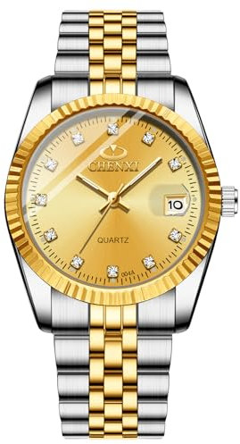 JewelryWe Paar Uhr Analog Quarz Kalender 30M Wasserdicht Partner Armbanduhr Edelstahl Armband Herren Uhren mit Gold Strass Zifferblatt