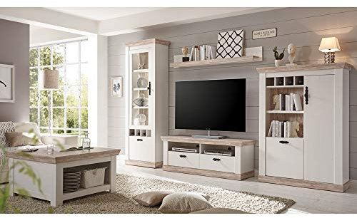 Lomadox Landhaus Wohnwand Set und Couchtisch, Pinie weiß und Oslo dunkel, LED-Beleuchtung, B x H x T ca.: 330 x 201 x 44 cm