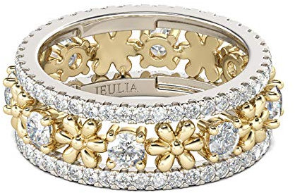 Jeulia Damen Sterling Silber Blume Ring mit Zweifarbig Weiß Steinen Goldgelbe Blüten Breit Ring Einzigartiger Trauring Schmuck Geschenk für Freundin Schwestern und Mutter (Silber, 61 (19.4))