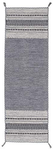 carpetfine Flachgewebeteppich Kelim Azizi Läufer Grau 75x240 cm | Moderner Teppich für Wohn- und Schlafzimmer