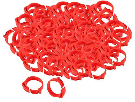 Fenteer 100 Stüe 2.8 cm Hühnerringe Verstellbar Geflü, Beinringe Fußringe Ringe mit Nummer, Clipsringe Klemmringe für Küken Hühner Gans Ente, Rot