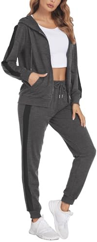 Parabler Sportanzug Damen Jogger Jogginganzug Set Trainingsanzug Zweiteiler Freizeitanzug Lässig Polyester Anzug Fitness Sport Dunkelgrau L