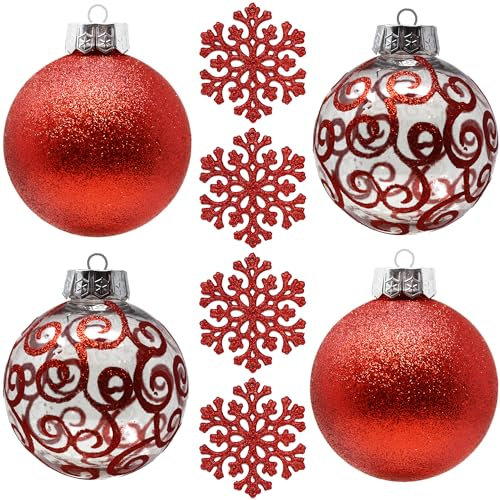 Große rote Kugelornamente für Weihnachtsdekorationen im Landhausstil – extra große bruchfeste Kunststoffkugeln und Schneeflocken (120 mm), 8er-Set