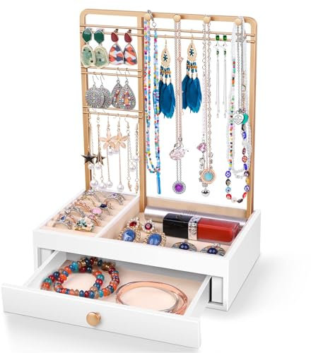 Teamkio Arbre à bijoux avec grande boîte de rangement blanche, arbre de présentation de bijoux de table pour colliers, bagues, bracelets, montres