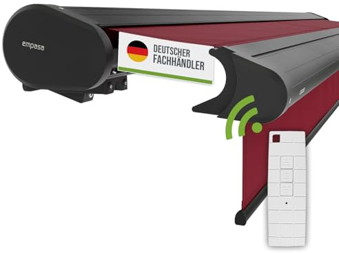 empasa Elektrische Vollkassettenmarkise 'Premium' Kassettenmarkise | Gelenkarmmarkise Markise Sonnenschutz mit manuell ausfahrbarem Volant, komplett vormontiert, Farbe:weinrot, Größe:3.5 x 2.5 m