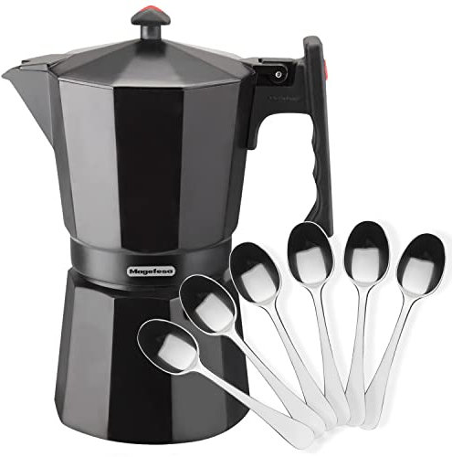 MAGEFESA Colombia Noir - Cafetera Italiana de 9 Tazas, 450ml, Incluye 6 Cucharas Moka, Aluminio Extra Grueso, Todo Tipo de Cocinas, EXCEPTO INDUCCIÓN