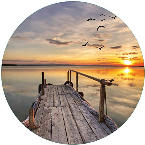 Wallario Glasbild rund Sonnenuntergang über dem See idyllischer Steg - Rund, 50 cm Durchmesser Wandbild Glas in Premium-Qualität: Brillante Farben, freischwebende Optik