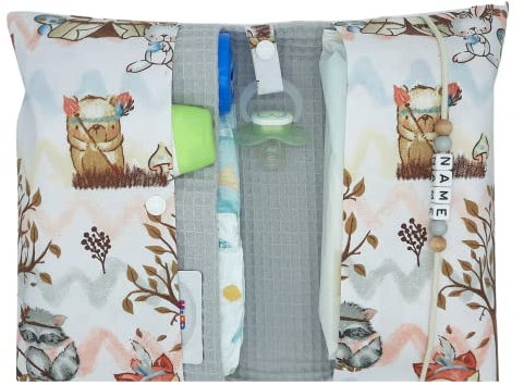 Große Windeltasche für unterwegs mit Namen personalisiert - für Mädchen und Jungen - Wickeltasche mit Waffelpique - Waldtiere