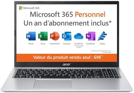 Acer Aspire 1 A115-32-C3AK Ordinateur Portable 15,6'' Full HD (Intel Celeron N4500, RAM 4 Go, 128 Go eMMC, Intel UHD Graphics, Windows 11), Clavier AZERTY, Gris, Microsoft 365 Personnel 12 Mois Inclus