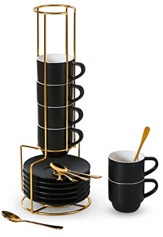 Lareina Porcelain Stackable Espresso Cups with Saucers, Spoons and Metal Stand 4 Ounce Small Cappuccino Coffee Cups Set of 6 - Ceramic Demitasse Cups for Nespresso Lungo, Double Espresso, Black