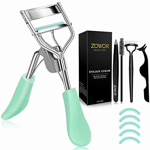 Zowor Wimpernzange mit Kamm und Bürste, passend für alle Augenformen, gebogene Wimpernzange mit 5 Silikon-Nachfüllpads, natürliche und langlebige Wimpernzange für Frauen, Make-up-Geschenk, Grün