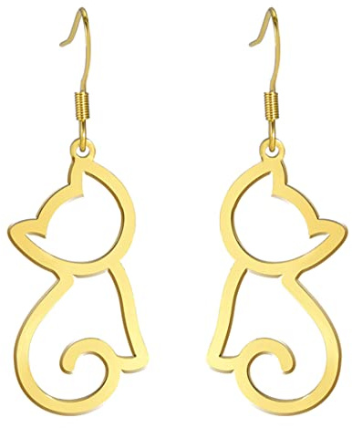 Katze Ohrringe für Frauen Edelstahl hohl aus Stil niedlich Charme offene Katze baumeln Haken Ohrringe Schmuck Geschenke für Tierliebhaber (Gold)