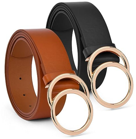 flintronic Damen Ledergürtel, Faux Leather Belt, Doppel O-Ring-Schnalle, Stilvoll Gürtel, Länge 120 CM, Breit 3.3 CM, für Jeans, Kleiderhosen Hosen Kleider, 2 Stück-Schwarz+Braun