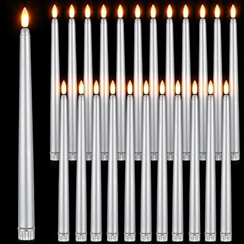 Macarrie 24 Packs Flameless Taper Candles Battery Operated Fake 11 Inch Long Candle Light LED Flameless Candlesticks Flickering Tapered for Wedding, Halloween, Christmas(Silver)
