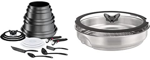 Tefal Ingenio Daily Chef ON Pots & Pans Set, 20 Pieces, Stackable, Removable Handle, Space Saving, Non-Stick, Induction, Grey, L7619402 & Ingenio Stainless Steel Steamer with Glass Lid