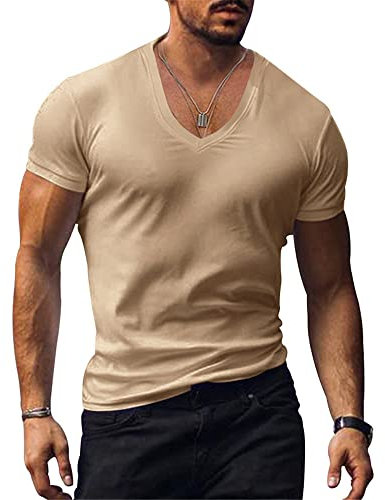 OWLKAY Camicia Funzionale Uomo Running Shirt Manica Corta Scollo A V Tinta Unita Uomo Asciugatura Rapida Traspirante Sport Shirt Maglia Allenamento D-Khaki L