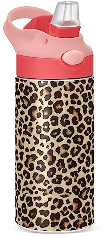 JUMBEAR Gourde pour enfants motif léopard avec paille, sans BPA, anti-fuite, 350 ml, bouteille d'eau de sport écologique Tritan pour enfants, couvercle à rabat en un clic