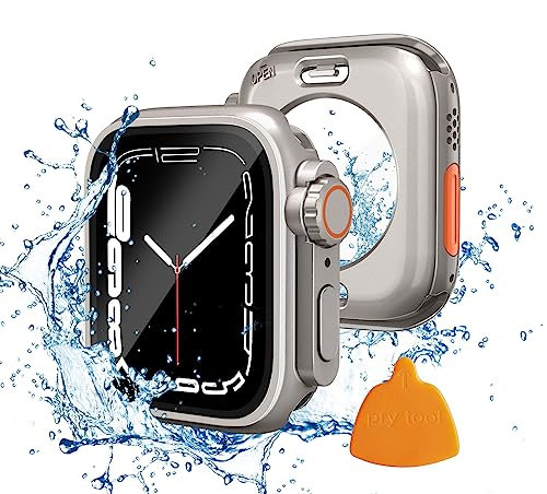 Yolovie 2 in 1 wasserdichte Hülle Kompatibel mit Apple Watch 44mm Displayschutz Series SE SE2 6 5 4【Appke Watch Ultra Style Gehäuse】 iWatch Glas Schutzhülle PC Schutz Case Zubehör 44mm, Titan