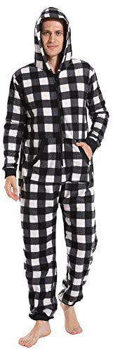 Focupaja Onesie Adulte Pyjama de Noël à Carreaux Fermeture éclair à Capuche Vêtements de Nuit pour la Famille Femmes Hommes Noir Blanc M