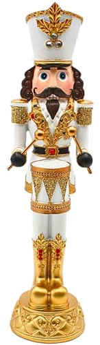 Dekohelden24 Figurine casse-noisette en céramique - Casse-noisette décoratif - Noël - En uniforme blanc et doré - Dimensions (L x l x H) : environ 9,5 x 9,5 x 35 cm