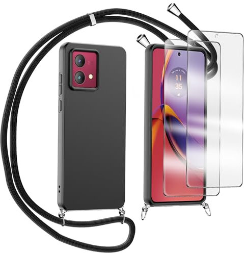 MQERYBV Cover per Motorola moto g84 5G 6,5, con Pellicola Protettiva Vetro Temperato Custodia con Cordino Silicone Cellulare Girocollo Collana Necklace Protettiva Bumper Antiurto Case, Nero