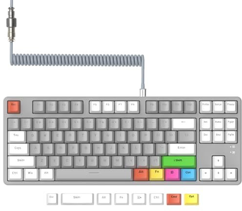AJAZZ AK873-75% Wired Gaming Keyboard with Coiled Usb C Cable-Hot Swap Red Switch Mechanical Keyboard-LIGHTSYNC RGB TKL 80% Compact 87 Keys PBT Keycaps-Detachable Magnetic Upper Cover for PC/Mac-Grey