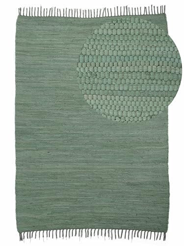 carpetfine Flickenteppich Kelim Chindi Uni Grün 90x160 cm, handgewebt | Fleckerlteppich aus Baumwolle für Wohnzimmermit Fransen