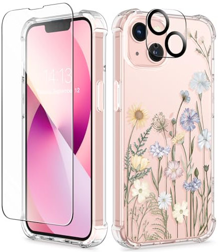 GVIEWIN Kompatibel mit iPhone 13 Hülle 6,1 Zoll 2021, mit Schutzglas + Kamera Schutzglas, klares Blumen Frauen Dünne Weiche TPU Stoßfeste Schutzhülle Cover Handyhülle,Lebendiger Frühling
