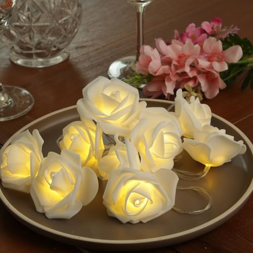 LED Lichterkette weiße Rosen 10 Rosenblüten Blumengirlande Hochzeit Valentinstag mit Timer batteriebetrieben Rosenkette 1,8m