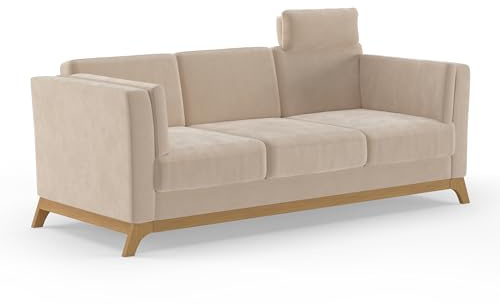 Cavadore 3er-Sofa Vida / 3-Sitzer Couch im trendigen Design mit massivem Holzrahmen in Eiche, Kopfstütze mit Kuschelkissen / 213 x 84 x 93 / Mikrofaser, Hellbraun-Beige