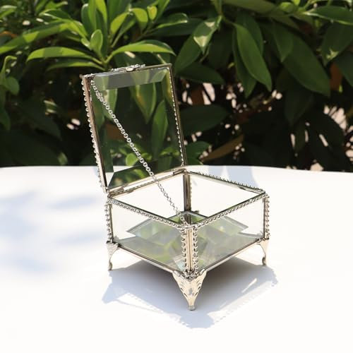DHCGPP Joyero rectangular de cristal vintage con tapa con bisagras, 8.3 x 8.3 x 5.8 cm, caja de recuerdo para anillos, baratijas y más (plateado)