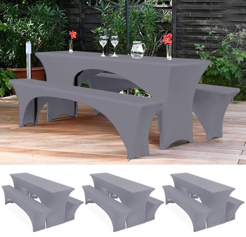 DREI 3er-Set Biertischhussen 220 x 50 x 70 cm, hussen bierzeltgarnitur, hellgrau, Stretch-Bezüge für Biertisch-und Bankgarnituren, Bierbankhussen, Spandex-Bierzeltgarnitur für Bankett
