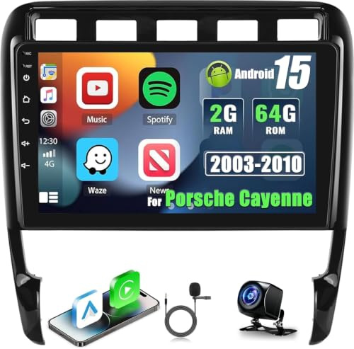 [2+64G] Autoradio Android 15 pour Porsche Cayenne 2003-2010 avec sans Fil Carplay & Android Auto, Radio Tactile 9 Pouces avec WiFi GPS Mirror Link DSP FM/RDS Radio SWC+ AHD Caméra de Recul