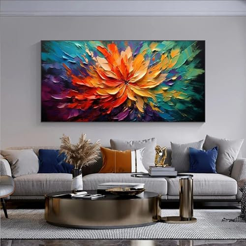 JACBON Fleur en fleurs peinture à l'huile sur toile peinture grand WallArt abstrait coloré texture florale salon décor photo 70x140 cm sans cadre