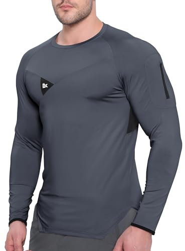 BROKIG Mens Armzip Long Sleeve Running Tops, Gym Sports Shirts Lightweight Compression Training T Shirts with Zip Pocket (X-Large, Dark Grey)