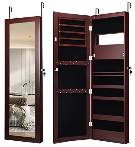 GOPLUS 2 en 1 Armoire à Bijoux avec Miroir, Organisateur de Bijoux Mural avec Lumières LED Automatiques, Armoire de Rangement Cosmétiques Verrouillable pour Chambre, Vestiaire (Marron)