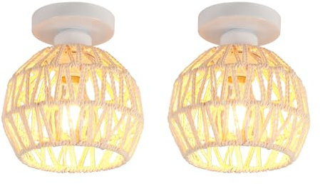 LIGKIN 2 Stücke Deckenleuchte Vintage E27 Hängelampe Lampenschirm aus Metall und Papierkordel Deckenlampe Industrielle Deckenleuchten für Schlafzimmer Wohnzimmer Flur Korridor, Ø16CM (Weiß)