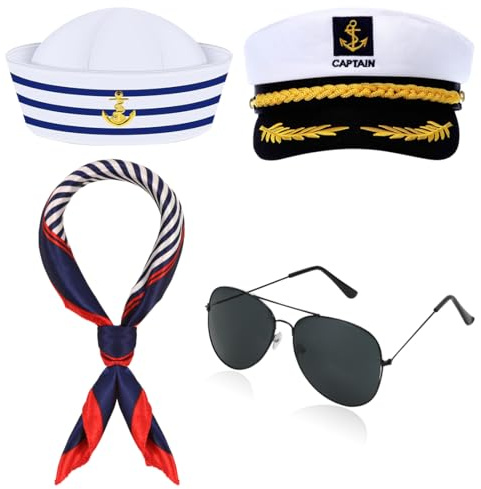 Cadimus 4 Stück Kapitän Matrose Kostüm Zubehör Set, Kapitänsmütze Matrosenmütze Schal und Sonnenbrille, Unisex, Party Accessoires für Nautischem Themenparty und Karneval Halloween Cosplay