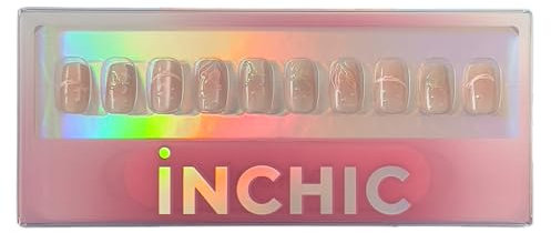 INCHIC Rainbow Mermaid, Short Squoval, Soft Pink to Translucent Frost with Mermaid Accencts, 30 Pcs Press on Nail