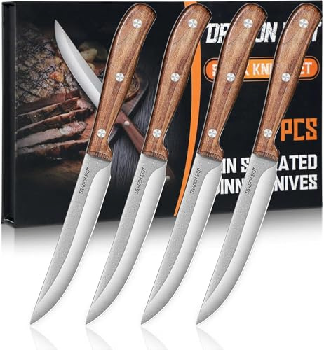 DRAGON RIOT Steakmesser Set 4-Teilig mit Holzgriff und Geschenkbox | Scharfes Steakbesteck mit Glatter Klinge, Präziser Schnitt, Hochwertige Verarbeitung, Ideal für Steak