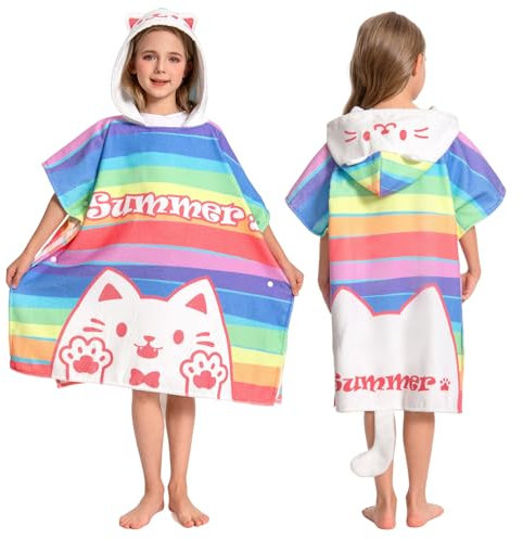 OLAOLA Kinder Poncho Handtuch mit Kapuze, Strand Umkleidemantel, Saugfähige Badetücher, Schwimmtuch für Jungen und Mädchen von 3–12 Jahren, Regenbogenkatze