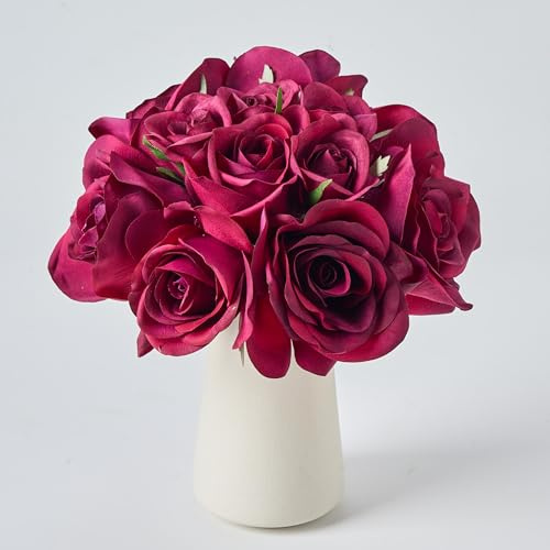 Avoeco Bouquet di rose finte in vaso di ceramica, 12 pezzi, fiori finti in vaso, fiori artificiali per casa, matrimoni, bouquet da sposa, feste e tavolo da pranzo, centrotavola (bordeaux, 25,4 cm di